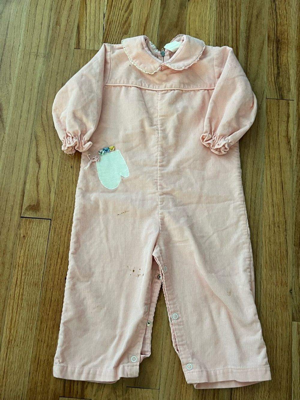 VTG Pink Corduroy Kitten Mitten one piece romper 12-18 mos AS IS